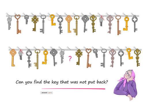 Logic puzzle for children and adults. Can you find the key that was not put back? Educational game. Printable page for kids brain teaser book. Play online. Vector cartoon illustration.