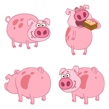 cartoon character farm animals pig eating smiling pose options template set png transparent isolate