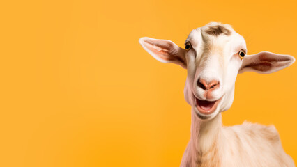 Advertising portrait, banner of a smiling white beautiful lone goat isolated on a neutral yellow background. Generated Ai.
