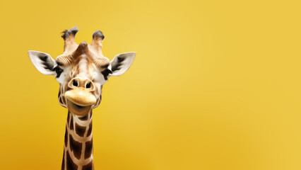 Advertising portrait, banner, spotted giraffe on the left side of the frame, with a surprised look, isolated on a neutral yellow background. Generated Ai. - obrazy, fototapety, plakaty