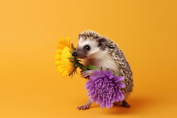 Cute baby hedgehog with flowers. Hedgehog isolated on flat colored orange background with copy space. Spring concept. Generative AI professional photo imitation.