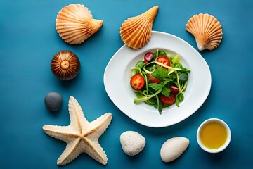 Star Fish Standing On Shell Fish as Winner , Healthy salad, Pink Background