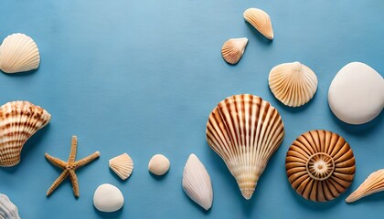 Close up of sea shells and stones on a pink background