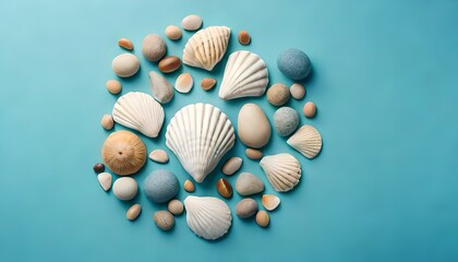 Top view of sea shells and stones on a pink background