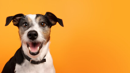 Advertising portrait, banner of a black and white with red spots of a funny dog, with a surprised...