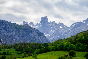 Fototapeta na wymiar View on Naranjo de Bulnes or Picu Urriellu, limestone peak dating from Paleozoic Era, located in Macizo Central region of Picos de Europa, mountain range in Asturias, Spain