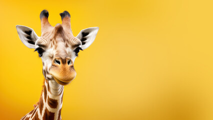 Advertising portrait, banner, calm giraffe on the left side of the frame, with a surprised look, isolated on a neutral yellow background. Generated Ai