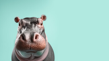 Advertising portrait, banner, dangerous brown hippopotamus seriously looking directly at the camera, isolated on a blue background. Generated Ai