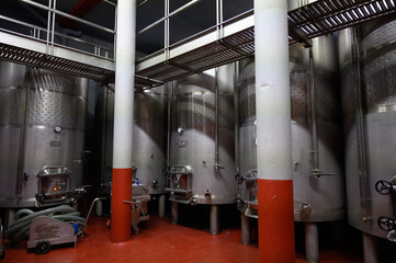 Modern bio wine production factory in Italy, inox steel tanks used for fermentation of wine grapes