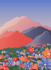 Fototapeta na wymiar Landscape illustration. A field with colorful flowers, green grass and mountains. Summer time. Vector with gradient effect and stroke. Poster template for covers and brochures, flyers, web pages and
