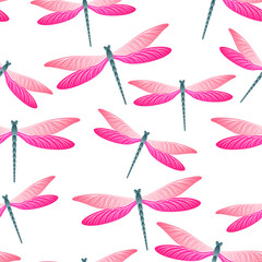 Fototapeta na wymiar Dragonfly flat seamless pattern. Spring clothes textile print with flying adder insects. Isolated
