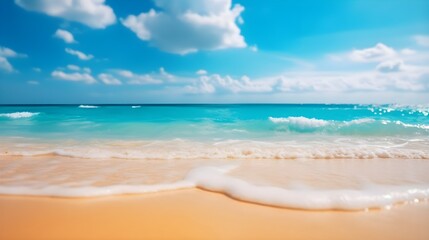 Fototapeta na wymiar Beautiful tropical wave of summer sea surf. Soft turquoise blue ocean wave on the golden sandy beach. generative AI