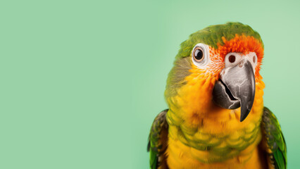 Advertising portrait, banner, luxurious Amazonian parrot, with yellow, green, red coloration, isolated on a green neutral background. Generated Ai. High quality illustration Generative AI