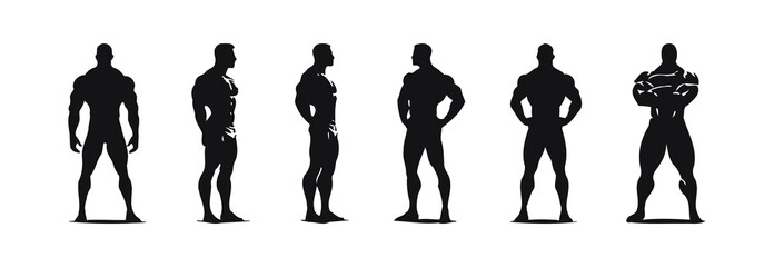 Set of black silhouettes of athlete bodybuilding isolated on white background, vector illustration