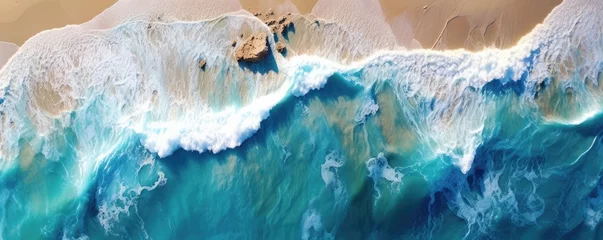 Tuinposter a birds-eye view of the beach and sea with aqua water waves Abtract-themed, drone aerial, photorealistic illustrations in JPG. generative ai © Purple Penguin GFX