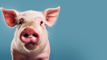 Advertising portrait, banner, funny pink pig, piglet with pink new, with raised ears looking directly at the camera, isolated on a blue neutral background. Generated Ai. High quality Generative AI