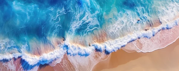 Foto op Canvas a birds-eye view of the beach and sea with aqua water waves Abtract-themed, drone aerial, photorealistic illustrations in JPG. generative ai © Purple Penguin GFX