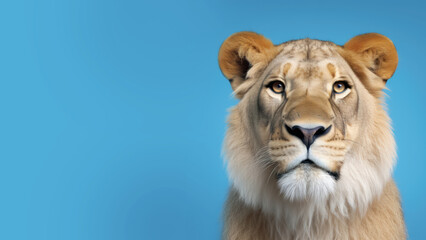 Advertising portrait, banner, lion looking straight at the camera, isolated on blue background. Generated Ai. High quality illustration Generative AI