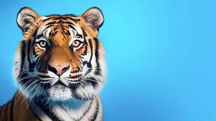 Advertising portrait, banner, noble tiger traditional coloring book isolated on blue background. Generated Ai. High quality illustration Generative AI