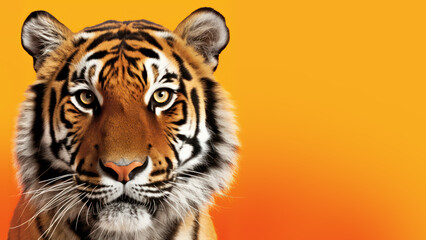 Obraz premium Advertising portrait, banner, noble tiger with a serious look and traditional coloring book, isolated on a red-yellow background. Generated Ai. High quality illustration Generative AI