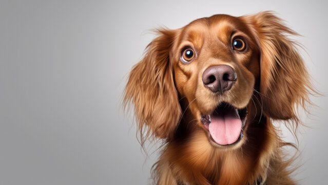 Advertising portrait, banner, smiling red spaniel with hanging ears, funny look and tongue hanging out, isolated on gray background. Generated Ai. High quality illustration Generative AI