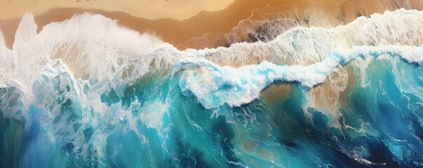 a birds-eye view of the beach and sea with aqua water waves Abtract-themed, drone aerial, photorealistic illustrations in JPG. generative ai