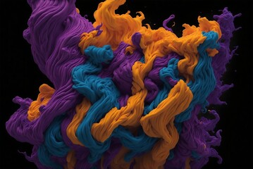 Multicolored paint splashes are flying in the air on, black background. Generative AI.