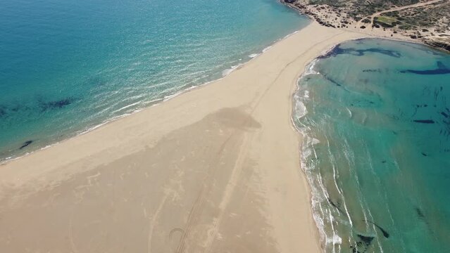 Aerial view of the sandy beach of Prasonisi, the surfer's paradise