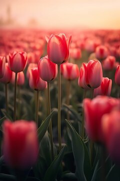 Field of Red and Pink Tulips