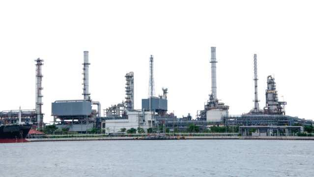 Bangchak Petroleum oil refinery, beside the Chao Phraya River, Phra Khanong District, Bangkok, Thailand on transparent.