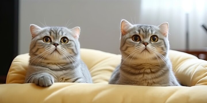 cute smiling scottish fold cats watching a movie with popcorn. web banner style.  Generative AI
