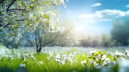 Beautiful blurred spring background nature with blooming glade, trees and blue sky on a sunny day, generative AI
