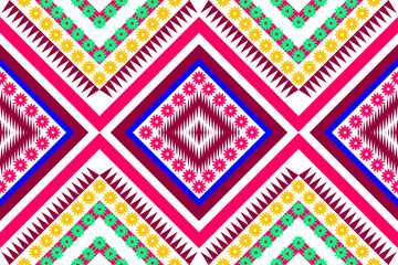 Seamless pattern background image, stitched together in any way. geometric shapes Tribal abstract red yellow green white design for textiles, prints, carpets, bed sheets.