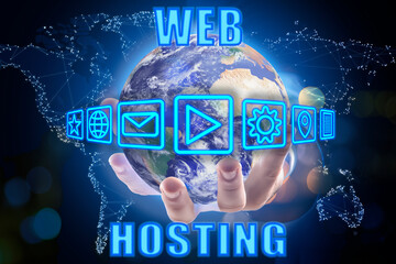 Web hosting. Man holding globe with icons against digital world map, closeup