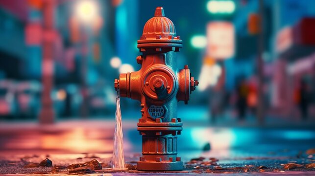 Hydrant close-up on the background of a blurred city. Generative AI
