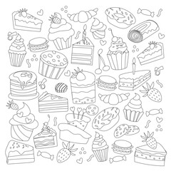 Big set of cakes and sweets, vector black line illustration, black and white, coloring page.