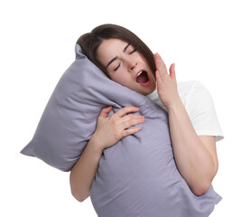 Sleepy young woman with pillow yawning on white background. Insomnia problem
