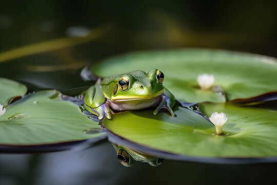 Green frog on a water lily in the swamp. A frog sits in a pond with lily pads on the bottom. Frog in green nature. Realistic 3D illustration. Generative AI
