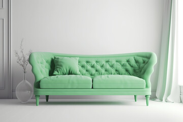 Green sofa on white pastel background. Chesterfield sofa green isolated luxury. Stylish interior of bright living room with green sofa. Realistic 3D illustration. Generative AI
