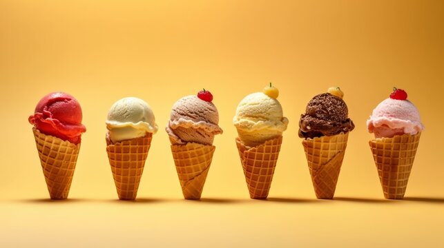 Ice cream cones in a variety of flavours. Generative AI