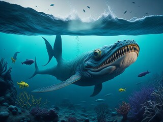 Fototapeta na wymiar Sea monster swimming through dreamy underwater world. Generative AI 