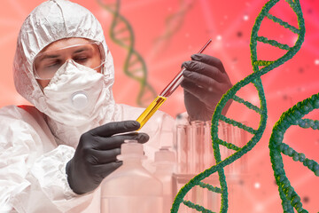 Scientific geneticist. DNA structure. Doctor in chemical protection clothes. Scientist sequencing...