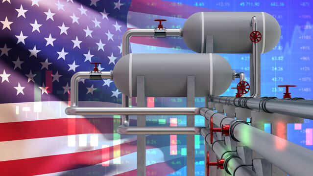USA oil industry. Pipes near flag of America. National banner of America. Export of oil from USA. Oil company quotes. Pipeline and tanks for petroleum products. US fuel industry. 3d image