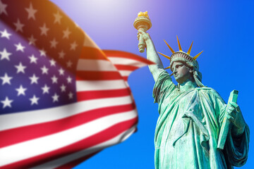 Statue of liberty. USA flag. Symbols American freedom. Sightseeings of USA. Statue of liberty against sky. America political banner. Concept of travel or immigration to USA. United States of America