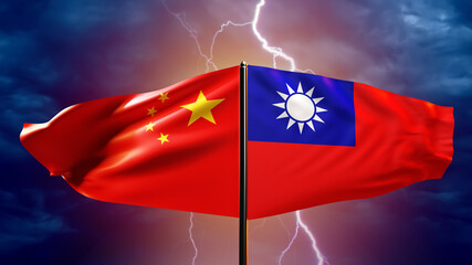 China vs Taiwan. Flag of PRC and islands of Taiwan. Confrontations between states. Thunderstorm...