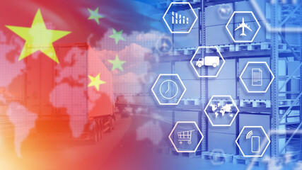 Export to China. Logistic transportation symbols. Flag of people's republic of China. Business export to PRC. National flag of China. Business at PRC. Transportation, delivery, shipment. 3d image