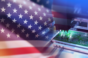 Microelectronics in USA. Microchip with America flag. Processor manufacturing in USA. US national...