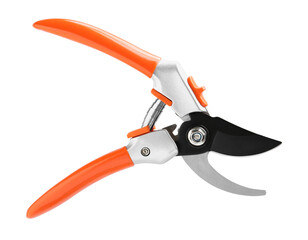 Secateurs with orange handles isolated on white, top view. Gardening tool