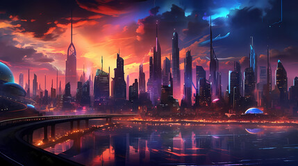 Fototapeta premium Futuristic Cityscape Sunset Generative AI