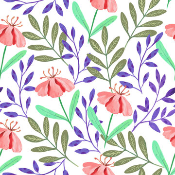 Seamless pattern with abstract pink flowers and various botanical elements. Hand drawn vector illustration.